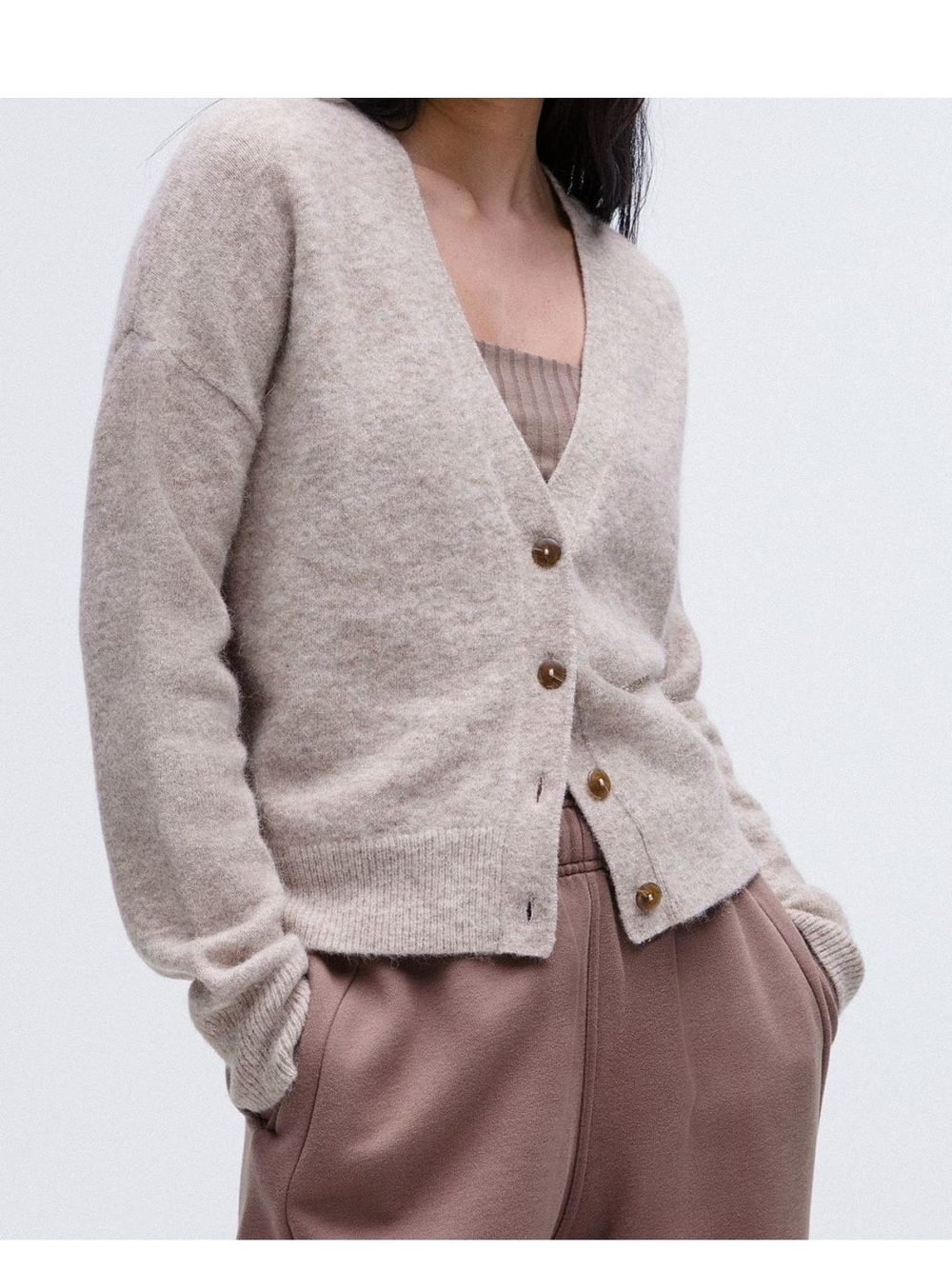 Soft V-Neck Beige Button Cardigan Sweater
